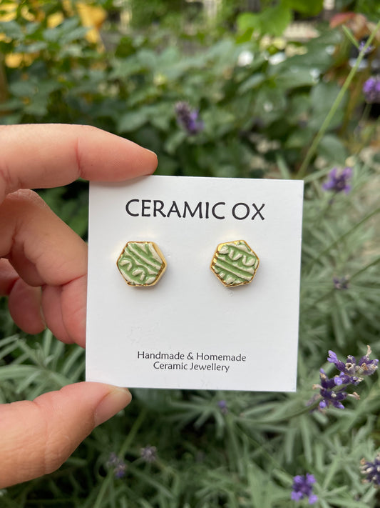 Block print hexagon studs - sage green