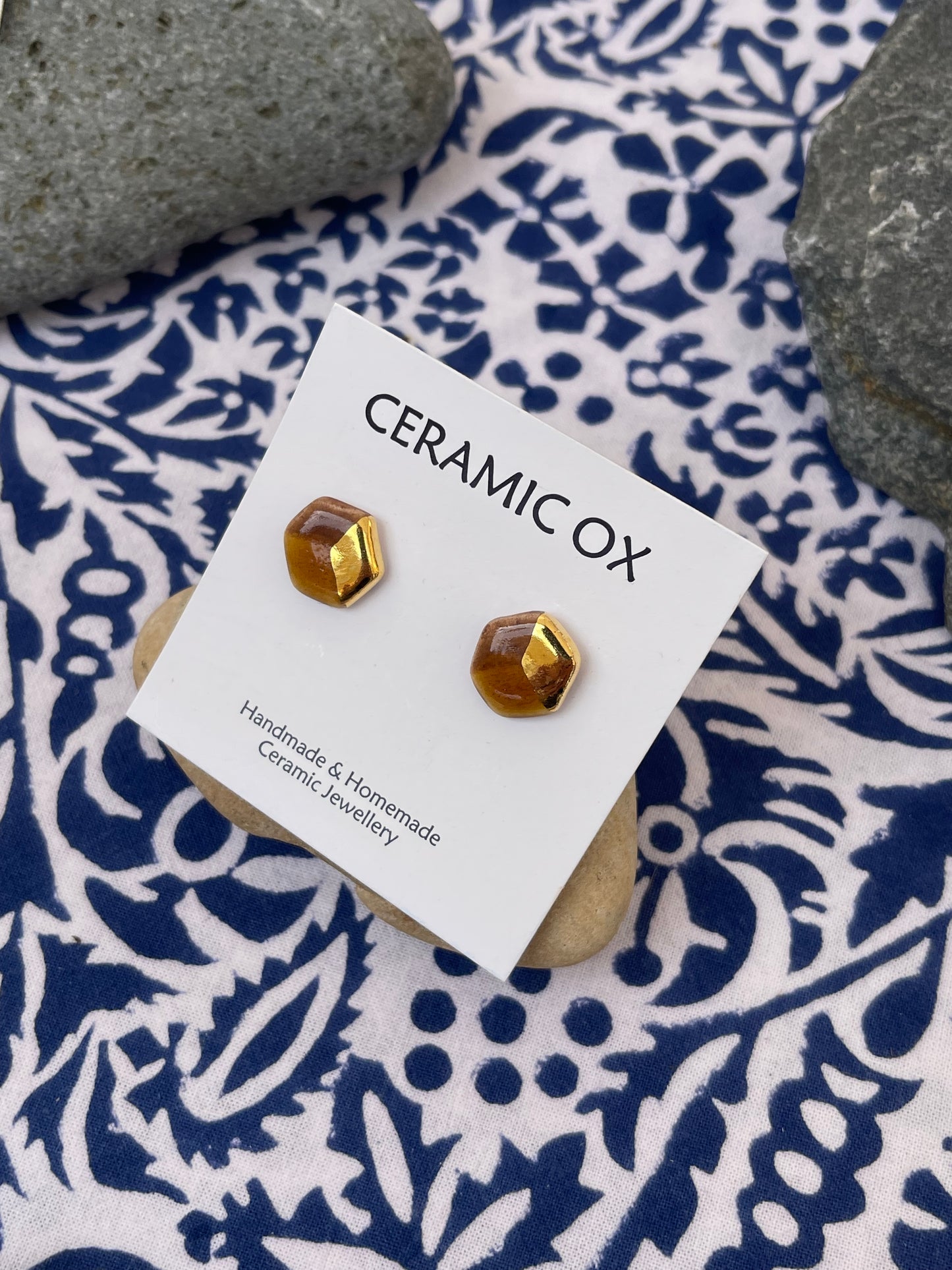 Ochre brown gold hexagon studs