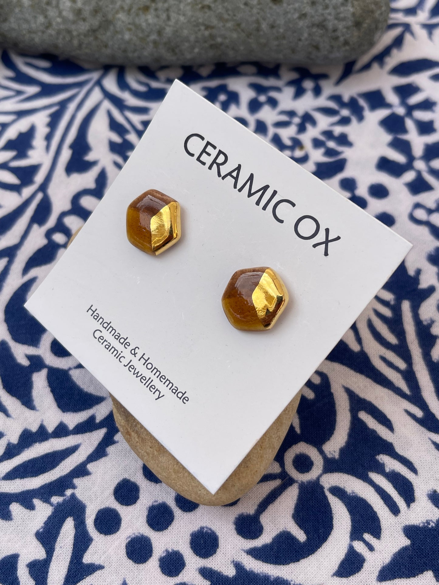 Ochre brown gold hexagon studs