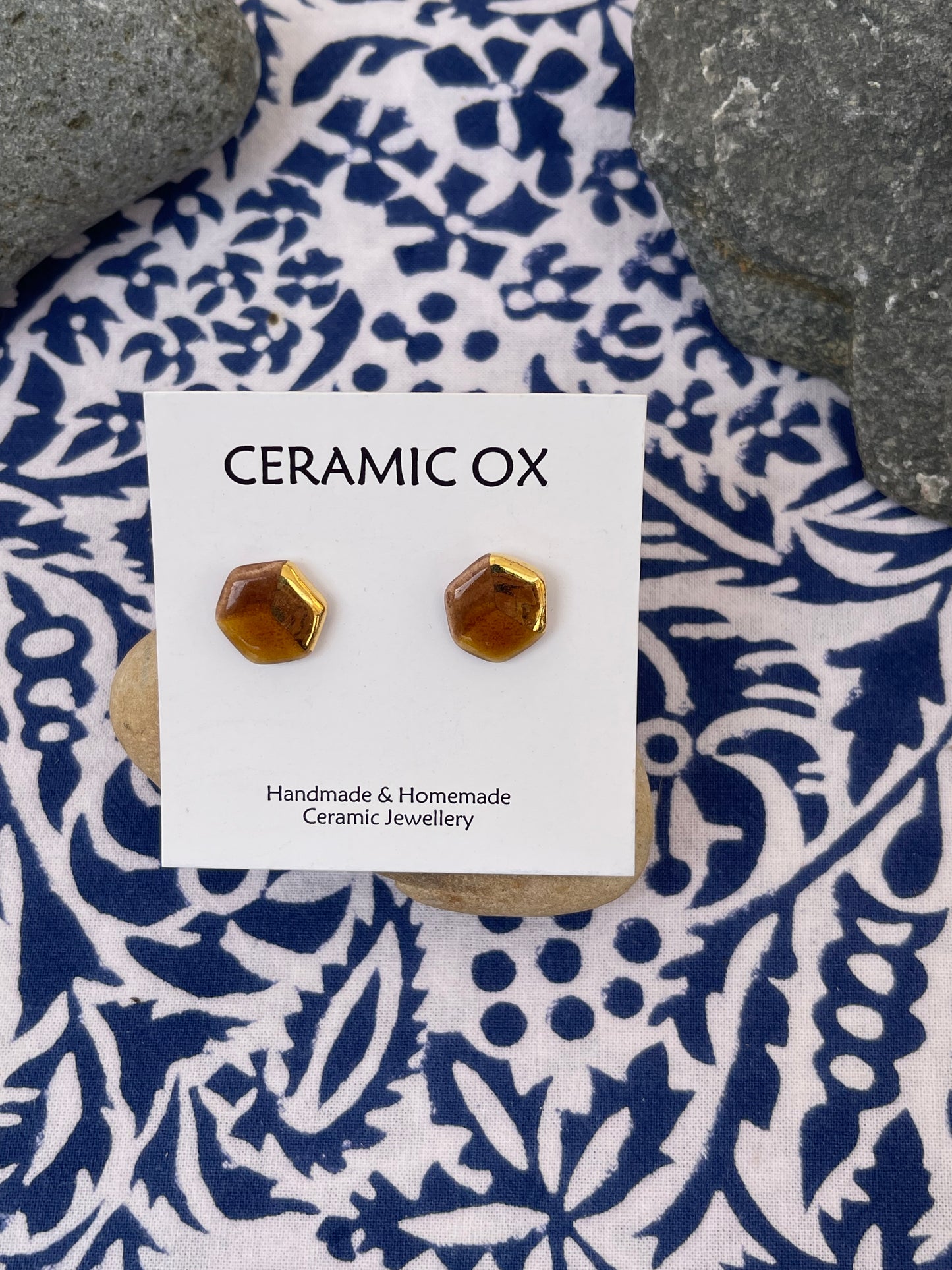 Ochre brown gold hexagon studs